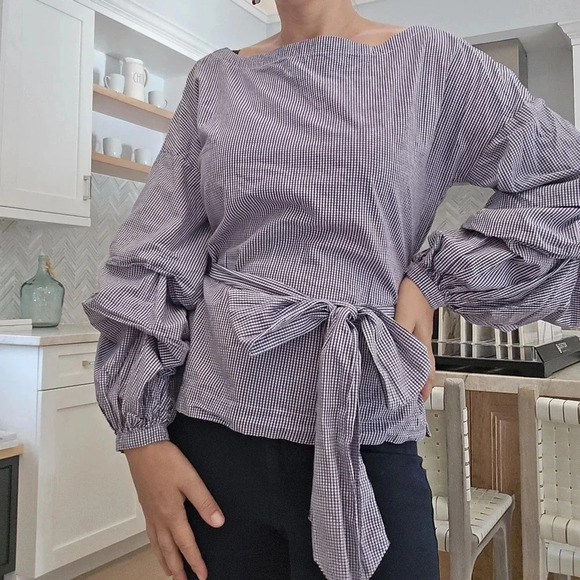 MAX Jeans gingham balloon sleeve blouse S - Picture 1 of 5